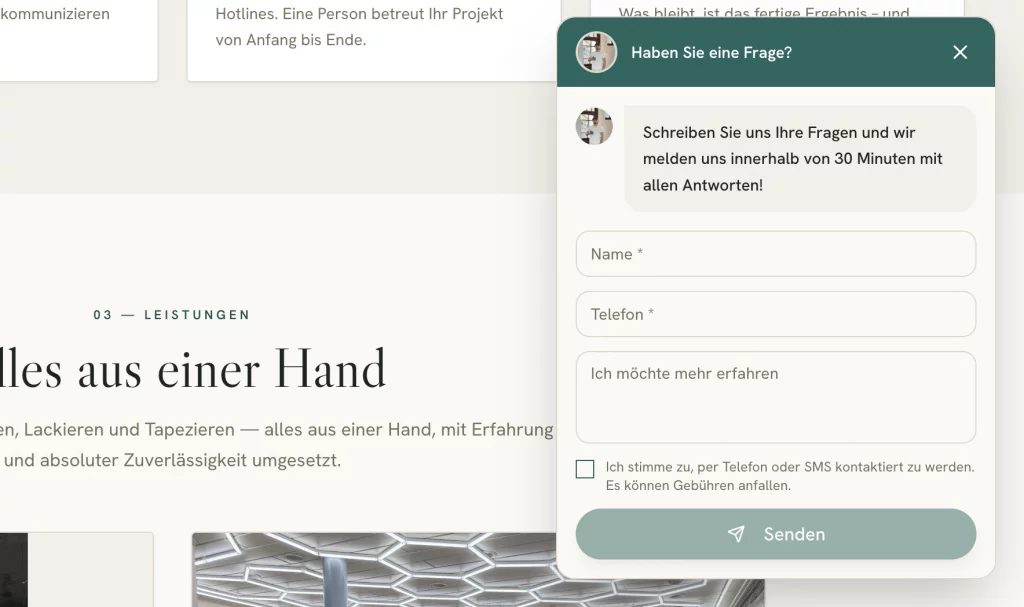 Webseite erstellen lassen: Kontaktformular mit Fragen und Telefonnummer